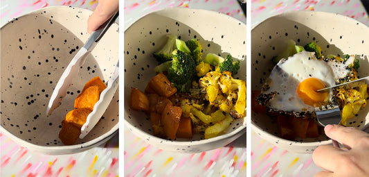 3 images together showing a veggie bowl of broccoli, roast cauliflower and roast sweet potato being assembled and topped off with a fried egg